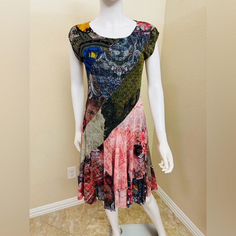 Desigual Asymmetrical Dress with Blue, Pink, and Green Patterns